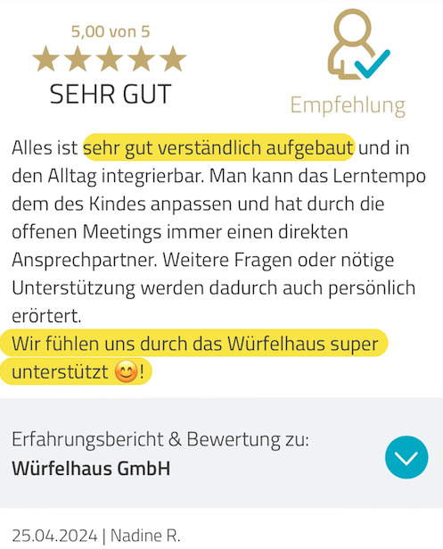 ProvenExpert Bewertung zur Würfelhausmethode