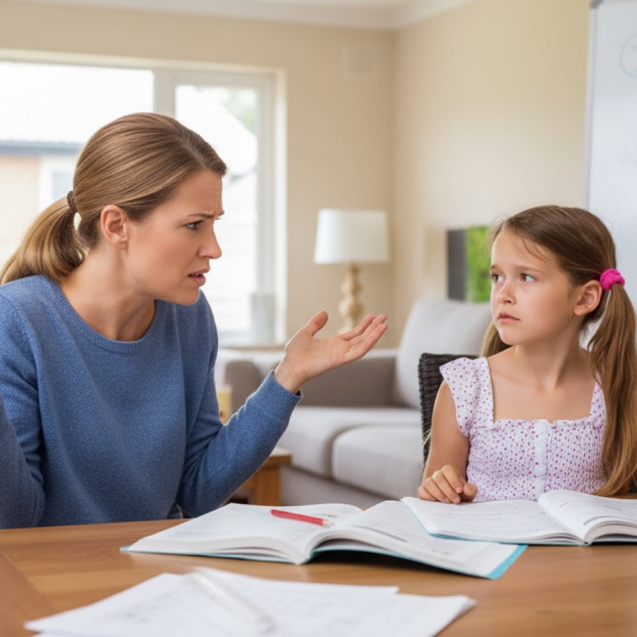 Mutter und Kind im Mathe-Stress am Küchentisch